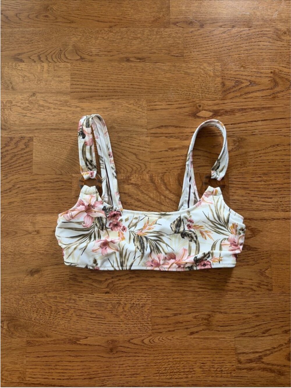Abercrombie Fitch Bikini Top Swim XS Scoop Ring Women Ivory Pink Tropical Floral